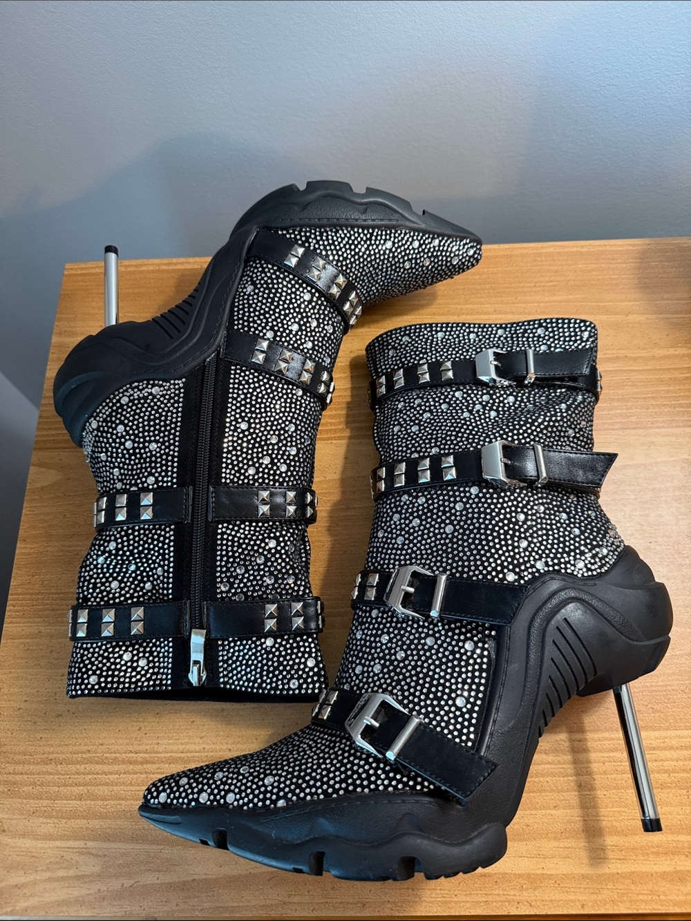 Black Crystal Studded Buckle Ankle Boots